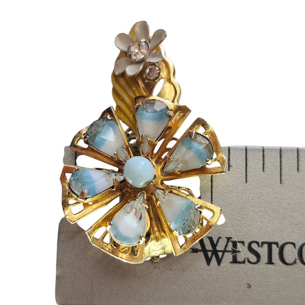 Original by Robert Clip On Earrings Blue Flower Rhinestone Gold Filigree VTG 50s - Picture 7 of 8